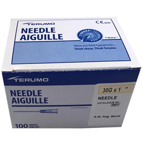 Box of Terumo 30G x 1 inch hypodermic needles, 100 units, medical supply packaging