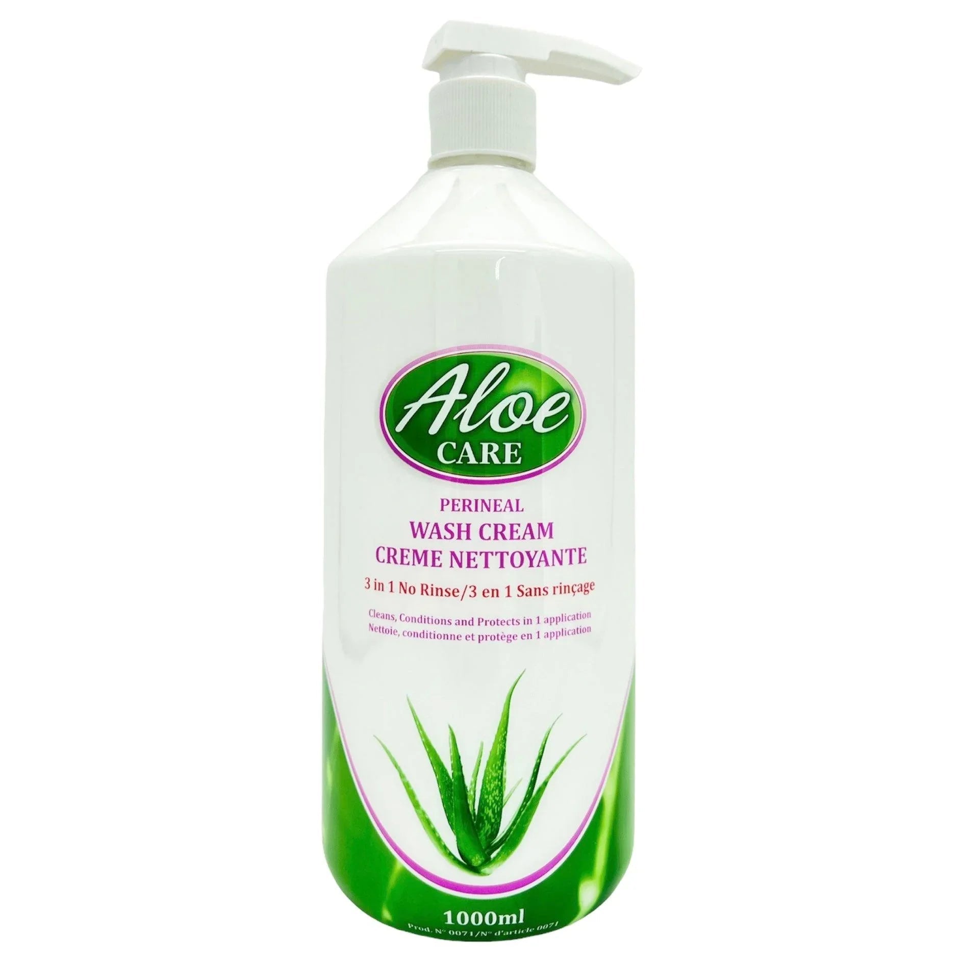 Aloe Care perineal wash cream 1000ml bottle with pump, no rinse formula, aloe image.