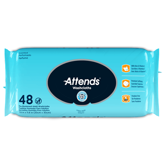 Attends washcloths pack of 48 pre-moistened adult wipes, medical skin care, blue packaging
