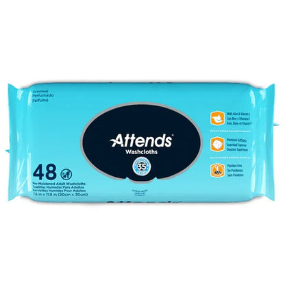 Attends pre-moistened adult washcloths 48 count, blue packaging, aloe and vitamin E