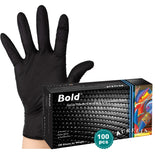 Black nitrile examination gloves, powder-free, 100 count box, hand wearing glove
