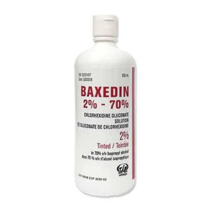 Baxedin 2% chlorhexidine gluconate solution with 70% isopropyl alcohol, 500mL medical antiseptic bottle.