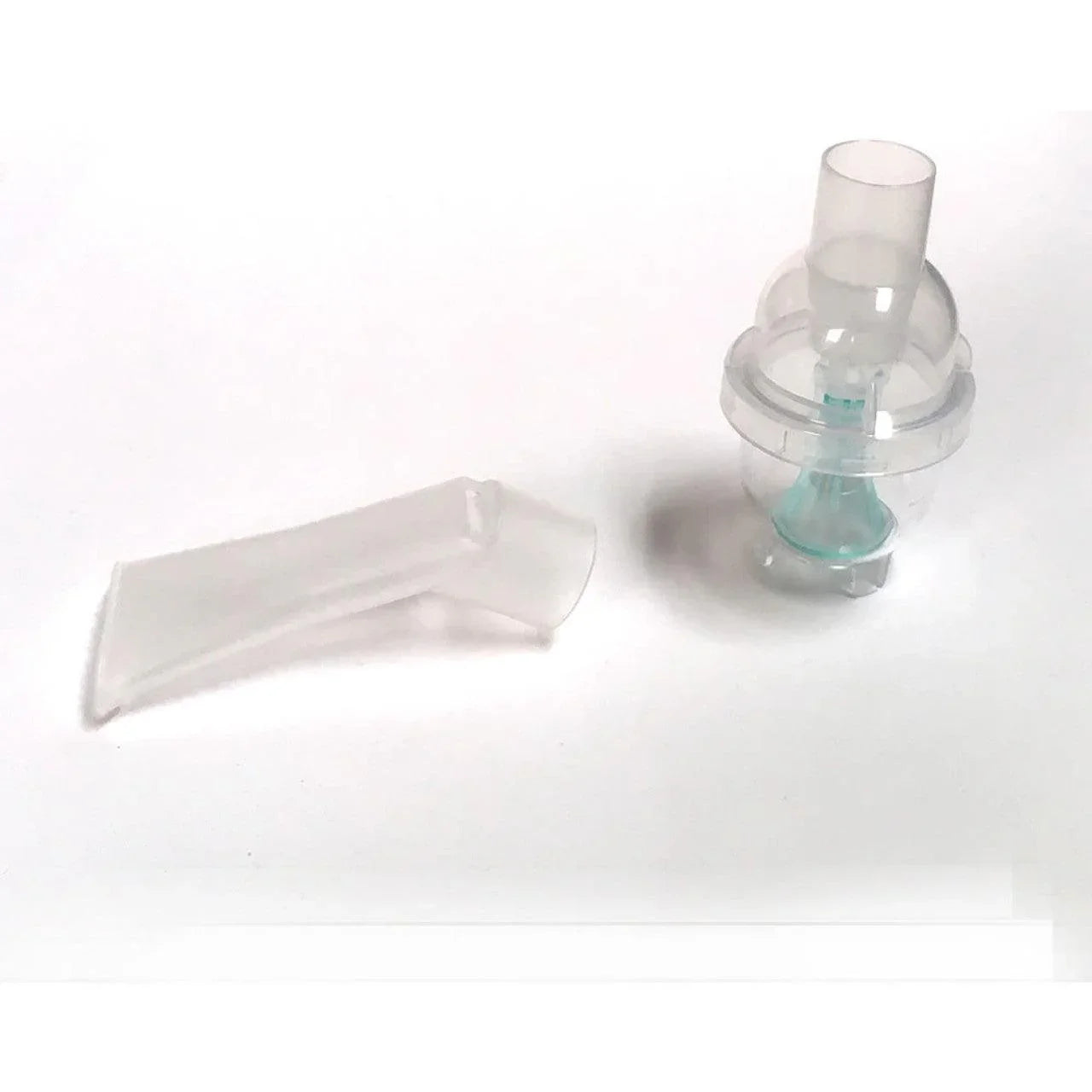 Clear plastic medical breathing filter and mouthpiece on white background