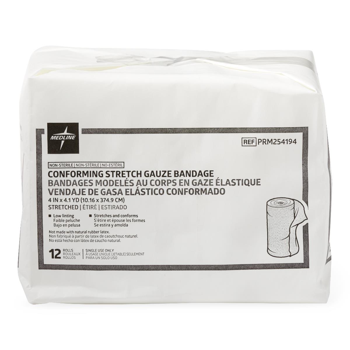 Medline conforming stretch gauze bandage pack, 4 inch by 4.1 yard, 12 rolls, non-sterile
