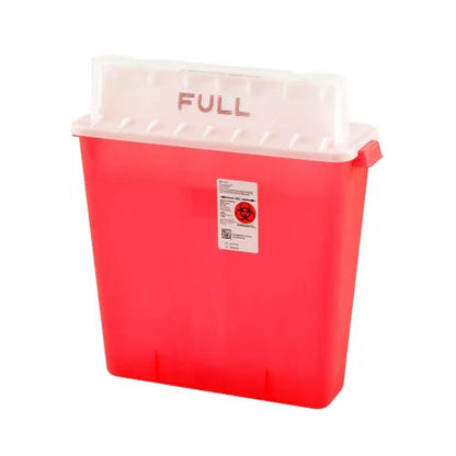 Red medical sharps disposal container with full mark, used for safe needle disposal