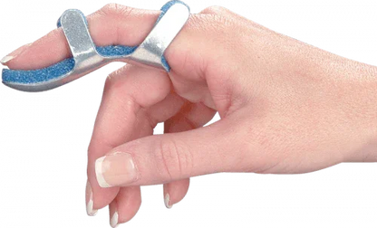 Aluminum finger splint on hand for injury support, orthopedic medical supply