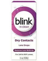 Blink-n-clean dry contacts lens drops box, removes lens build-up, for soft and RGP lenses