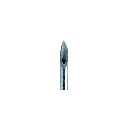 Close-up of a hypodermic needle tip, stainless steel, medical supply on white background