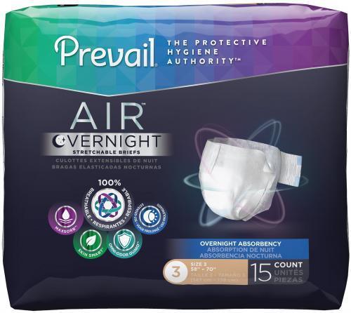 Prevail Air Overnight stretchable briefs package, adult incontinence underwear, 15 count