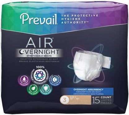 Prevail Air Overnight stretchable briefs adult diapers pack, size 3, 15 count, medical supplies