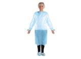 Adult wearing a blue disposable medical isolation gown, bouffant cap, and shoe covers