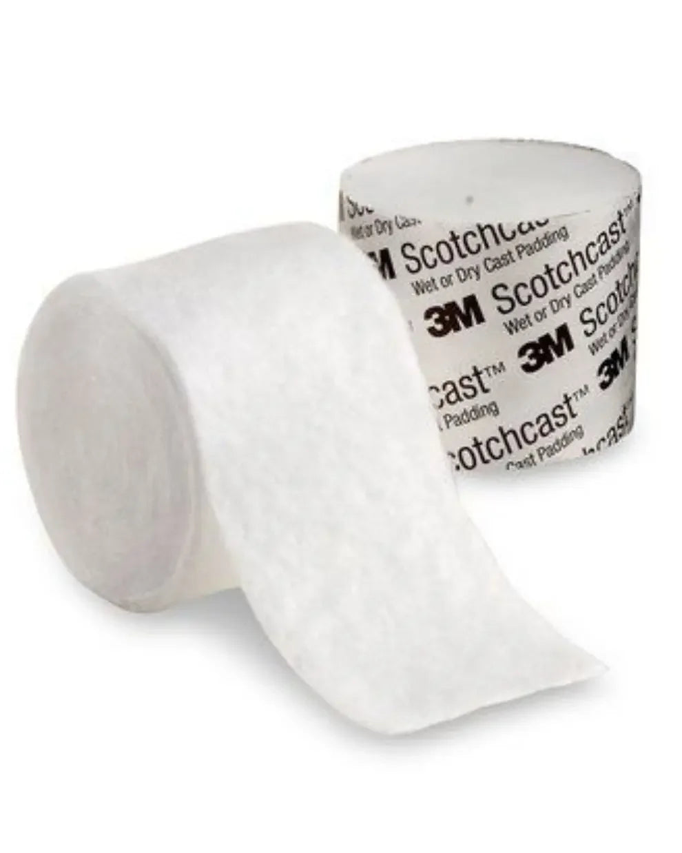 Two rolls of 3M Scotchcast wet or dry cast padding medical supplies on a white background