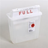 Medical sharps disposal container with full indicator and biohazard label