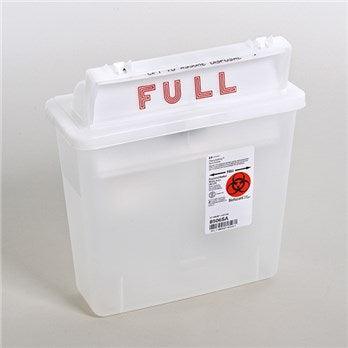 Large white medical sharps container with full indicator and biohazard label for safe disposal