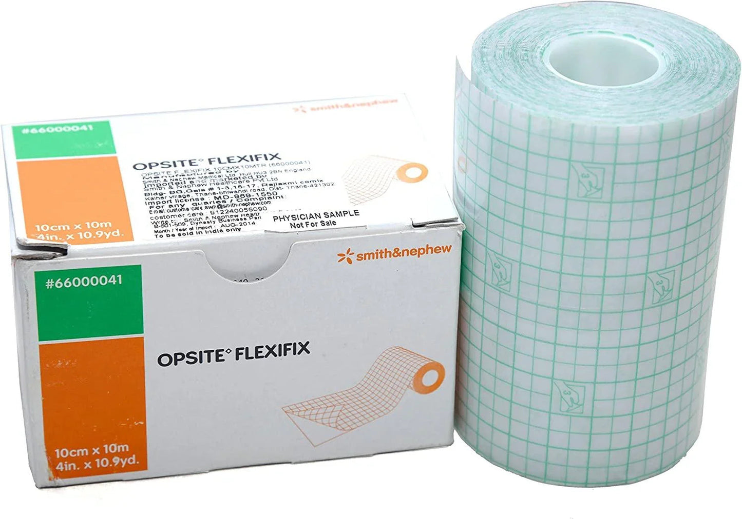 Opsite Flexifix transparent adhesive film roll beside box, wound care medical supply