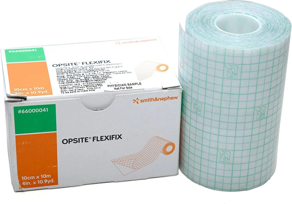 Opsite Flexifix transparent adhesive film roll beside box, wound care medical supply