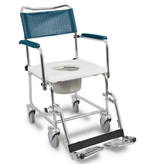 Rolling commode chair with armrests, footrest, blue seat back, and removable bucket for home care.