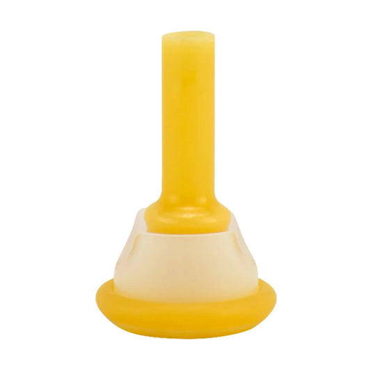 Yellow external male catheter medical device on white background, home care supply
