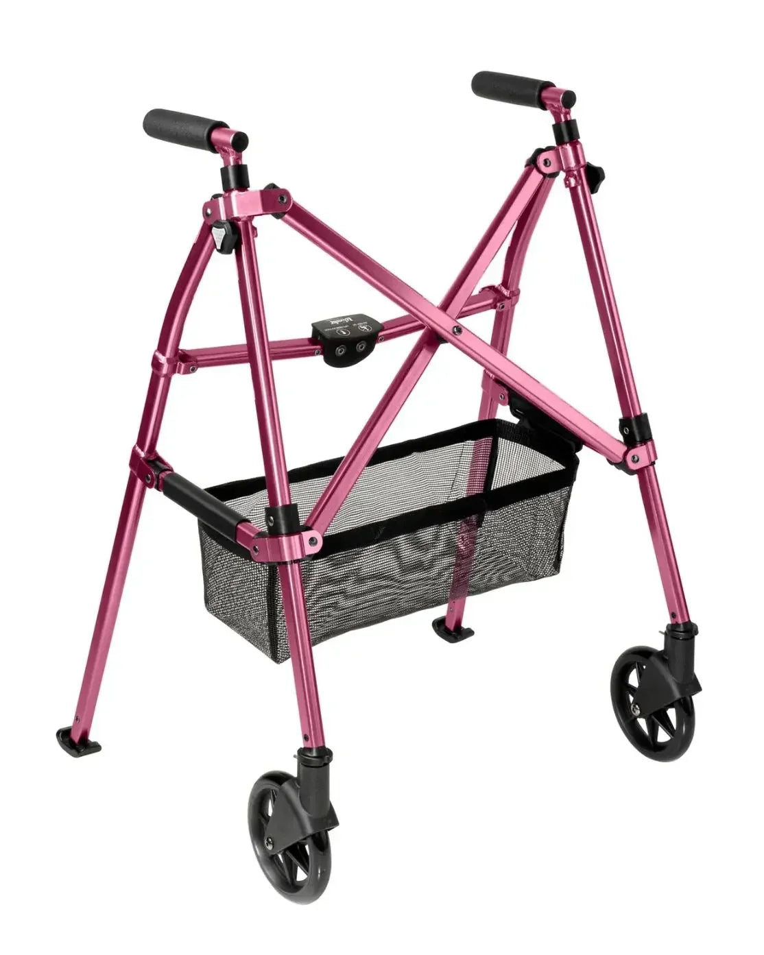 Lightweight pink folding walker with wheels and mesh basket for mobility support