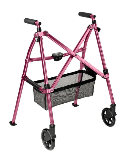 Lightweight pink folding walker with wheels and black mesh basket for mobility support