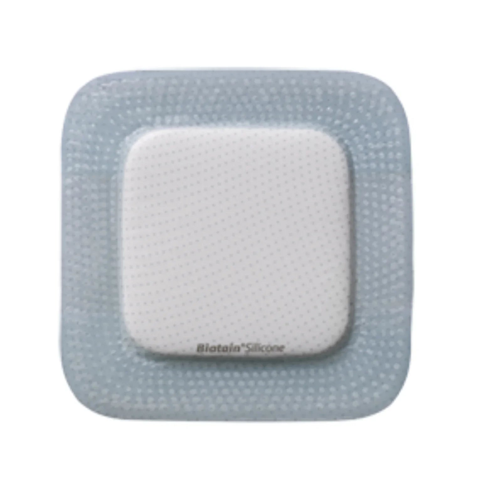 Square silicone foam wound dressing with border on white background