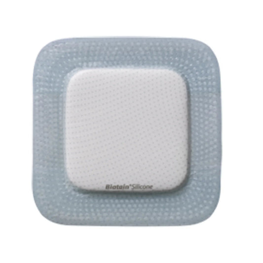 Square silicone foam wound dressing with border on white background