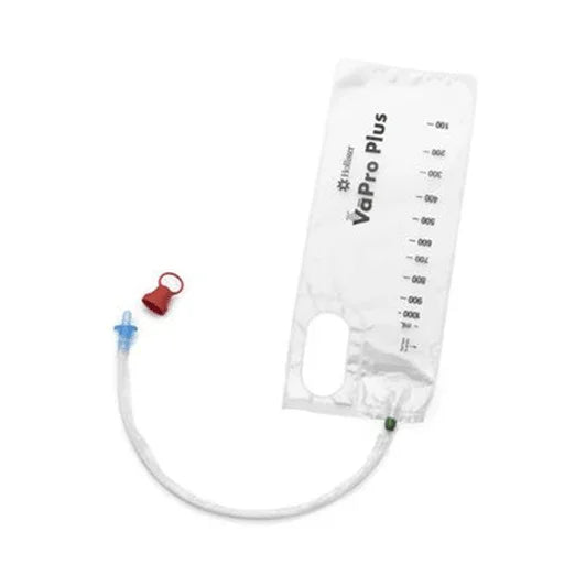 VaPro Plus urinary catheter with integrated collection bag for home medical care