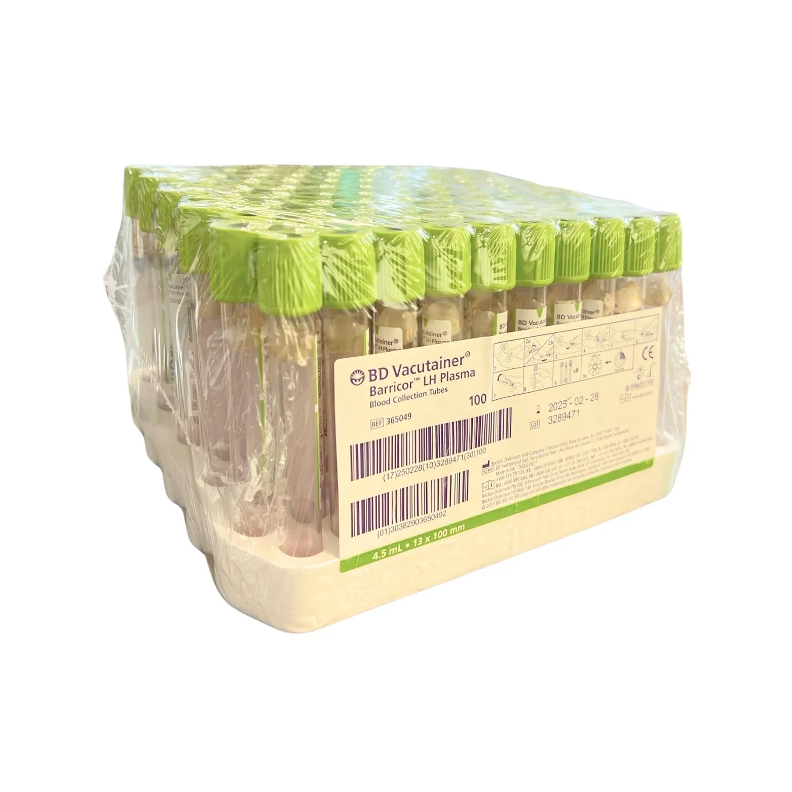 Pack of BD Vacutainer Barricor LH Plasma blood collection tubes with green caps