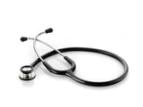 Black medical stethoscope on white background, healthcare and diagnostic tool