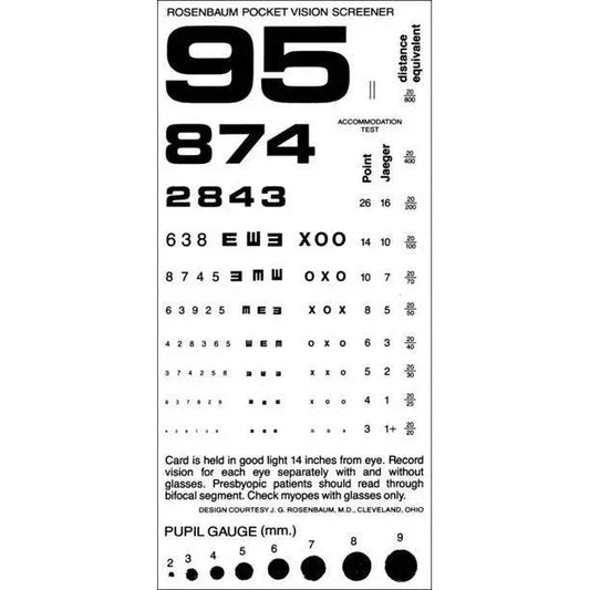 Rosenbaum pocket vision screener card with vision test numbers, letters, and pupil gauge