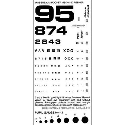 Rosenbaum pocket vision screener card with rows of letters and numbers for eye exams