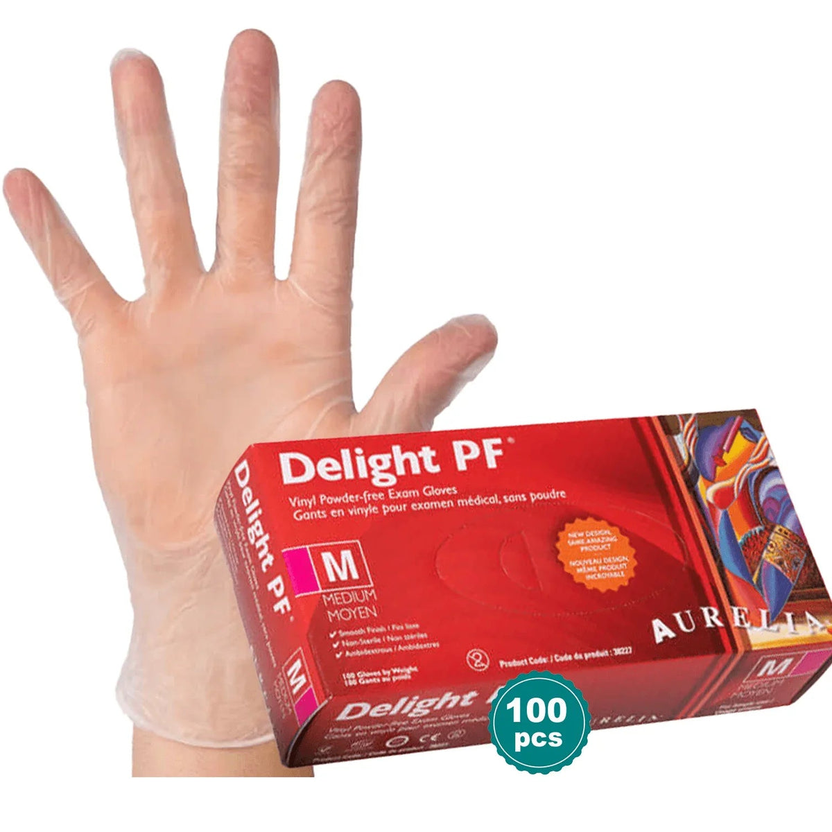 Vinyl powder-free exam glove on hand with box of Delight PF medium medical gloves, 100 count