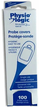 Box of Physio Logic probe covers for thermometers, 100 count, single use, universal size.