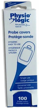 Box of Physio Logic probe covers for thermometers, 100 count, single use, universal size.