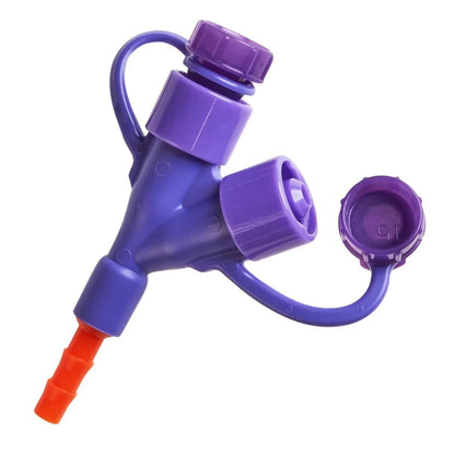 Purple enteral feeding Y-connector with orange tube and attached caps, medical supply