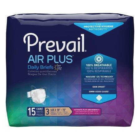 Prevail Air Plus adult daily briefs package, 15 count, breathable incontinence briefs.