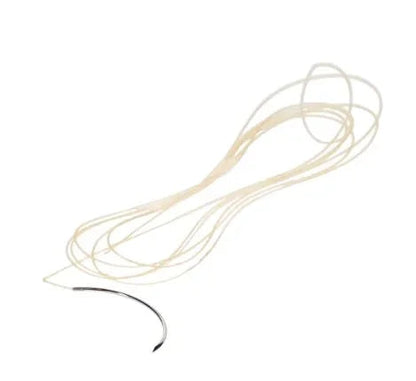 Medical suture thread with curved needle, isolated on white background, surgical supply