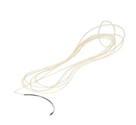 Surgical suture with curved needle for medical and wound care on white background