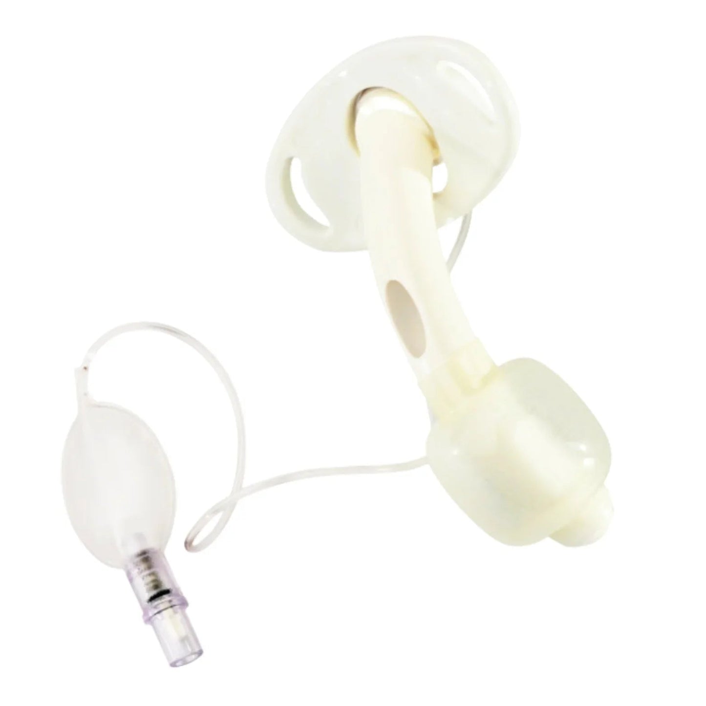 Medical tracheostomy tube with cuff and inflation line on white background