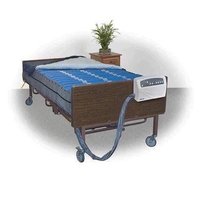 Adjustable medical bed with air mattress and control panel for home care or long-term care settings