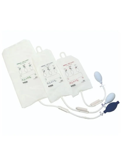 Three medical pressure infusion bags with inflation bulbs, labeled 3000ml, 1000ml, 500ml