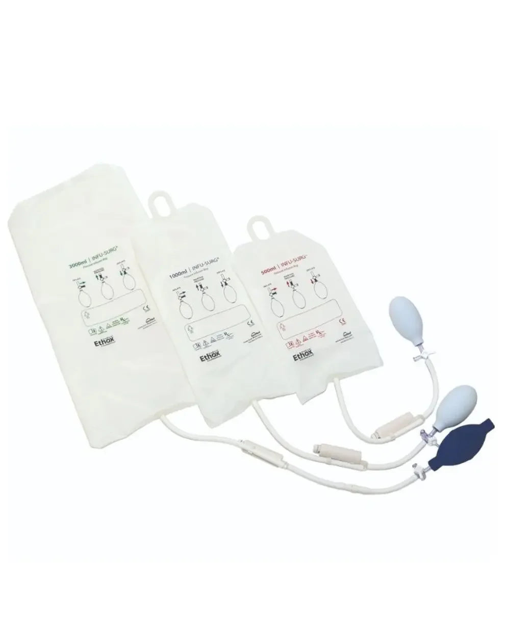 Set of three medical IV pressure infusion bags with inflation pumps, various sizes, for hospital and clinical use.