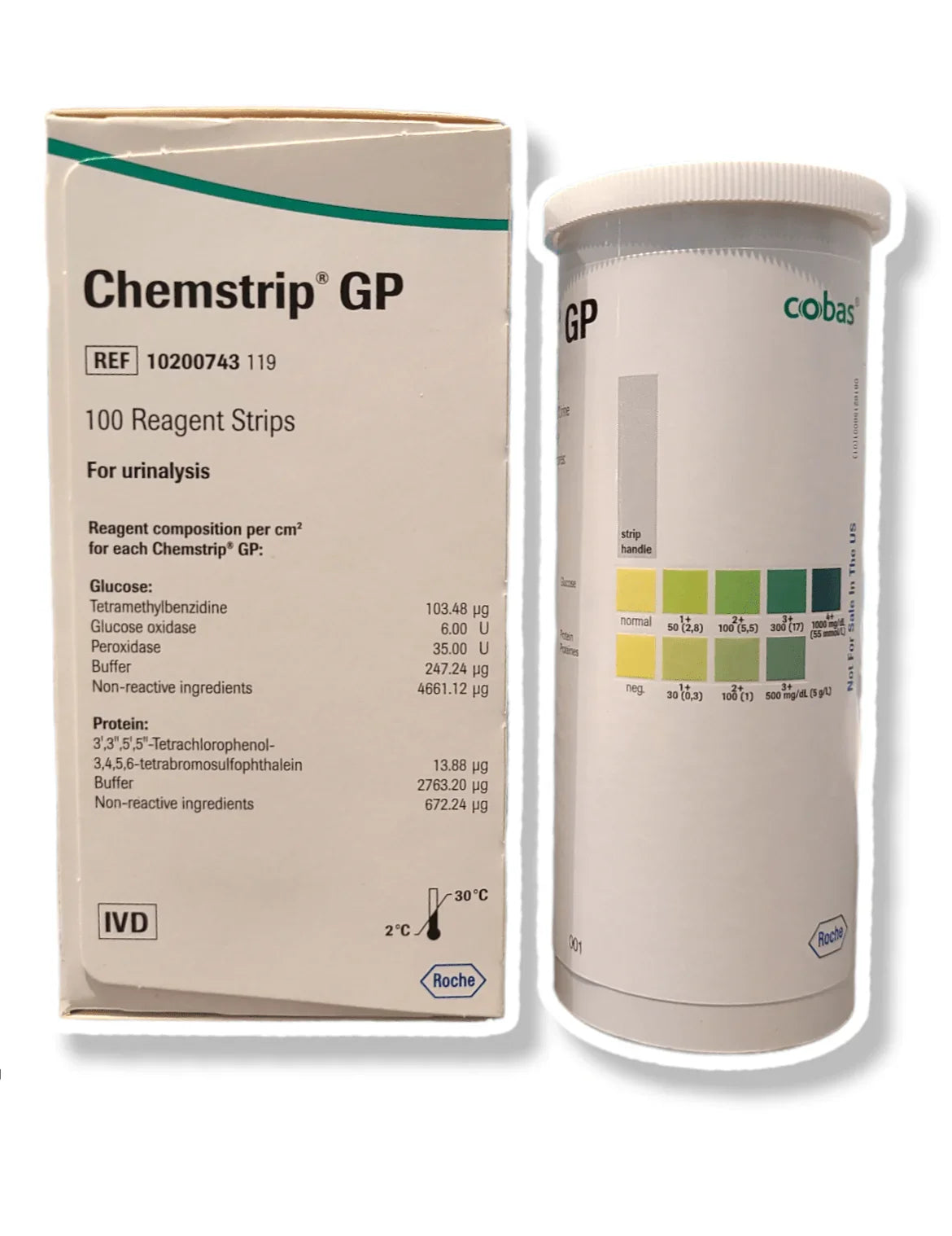 Chemstrip GP 100 reagent strips for urinalysis, boxed set and vial with color chart