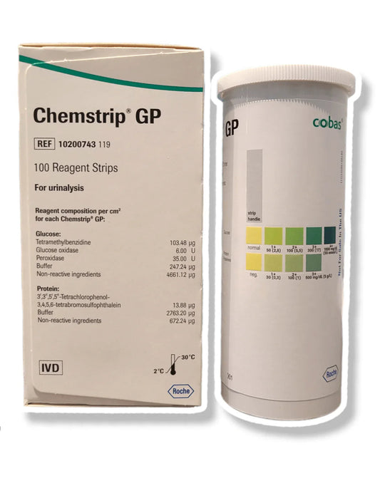 Chemstrip GP 100 reagent strips for urinalysis, boxed set and vial with color chart