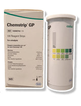 Chemstrip GP 100 reagent strips box and container for urinalysis, medical diagnostic supplies