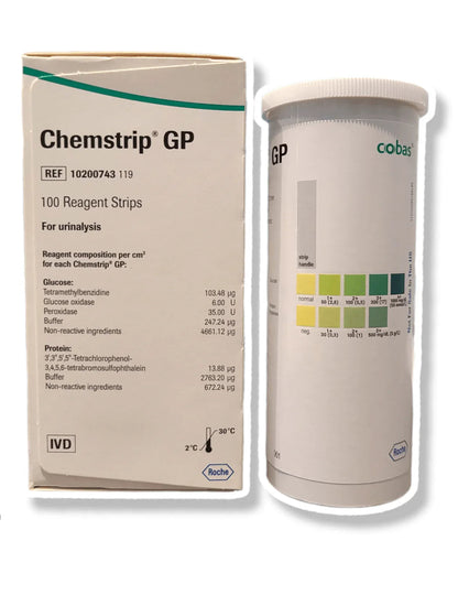 Chemstrip GP 100 reagent strips box and container for urinalysis, medical diagnostic supplies