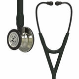Black medical stethoscope with dual head chestpiece, close-up on white background