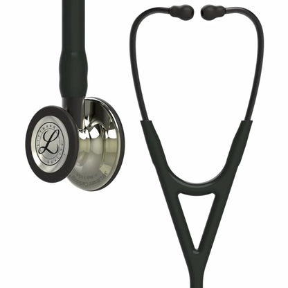 Black medical stethoscope with dual head chestpiece, close-up on white background
