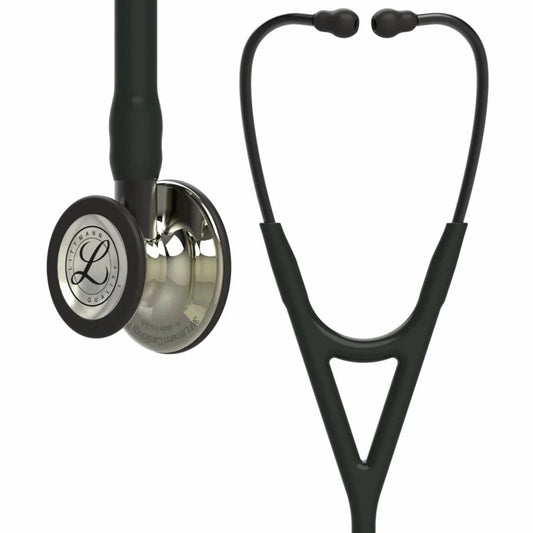 Black medical stethoscope with dual head chestpiece and soft ear tips on white background