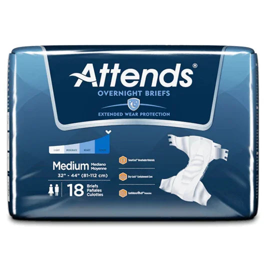 Pack of Attends overnight briefs, medium size, 18 count, adult incontinence supplies
